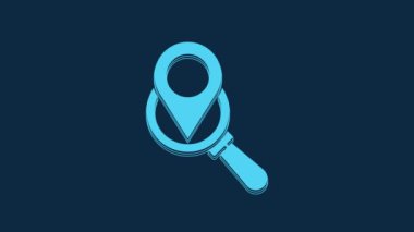 Blue Search location icon isolated on blue background. Magnifying glass with pointer sign. 4K Video motion graphic animation.