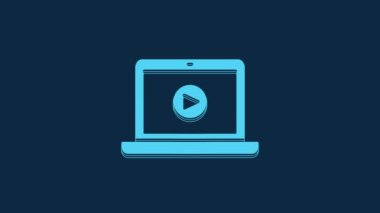 Blue Online play video icon isolated on blue background. Laptop and film strip with play sign. 4K Video motion graphic animation.
