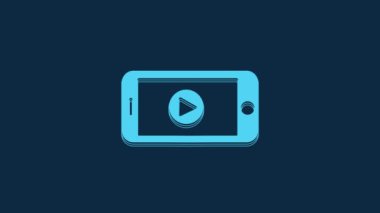 Blue Online play video icon isolated on blue background. Smartphone and film strip with play sign. 4K Video motion graphic animation.