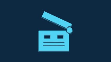 Mavi Film alkışlayıcı simgesi mavi arkaplanda izole edildi. Film alkışlama tahtası. Alkış tahtası işareti. Sinema yapımı ya da medya endüstrisi. 4K Video hareketli grafik canlandırması.