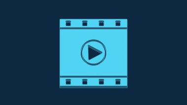 Blue Play Video icon isolated on blue background. Film strip sign. 4K Video motion graphic animation.