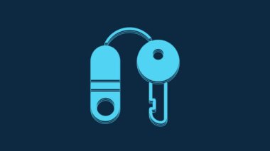 Mavi arka planda anahtar simgesi olan Mavi Saray. Ev anahtarının konsepti. 4K Video hareketli grafik canlandırması.