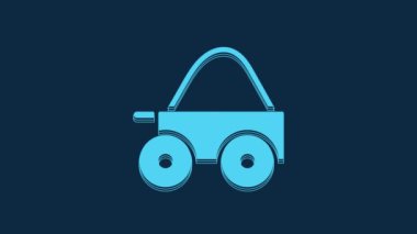 Mavi arka planda saman ikonu olan dört tekerlekli mavi ahşap bir araba. 4K Video hareketli grafik canlandırması.