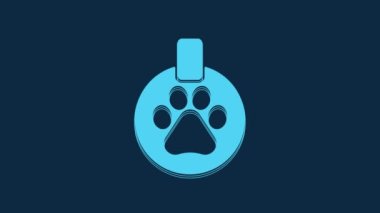 Blue Collar with name tag icon isolated on blue background. Supplies for domestic animal. Dog or cat paw print. Cat and dog care. Pet chains. 4K Video motion graphic animation.