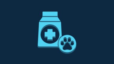 Blue Bag of food for dog icon isolated on blue background. Dog or cat paw print. Food for animals. Pet food package. 4K Video motion graphic animation.