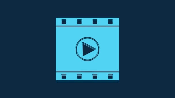 青の背景に隔離された青の再生ビデオアイコン フィルムストリップサイン 4Kビデオモーショングラフィックアニメーション — ストック動画