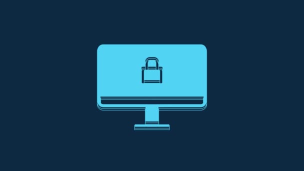 青の背景に隔離されたコンピュータのモニター画面アイコン上の青のロック セキュリティ 保護の概念 安全なインターネットだ 4Kビデオモーショングラフィックアニメーション — ストック動画