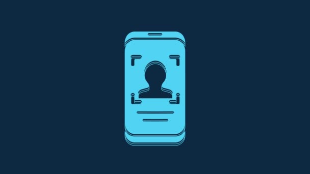 青の背景に隔離された携帯電話と顔認識アイコン 顔識別スキャナーのアイコン 顔のId サイバーセキュリティ 4Kビデオモーショングラフィックアニメーション — ストック動画