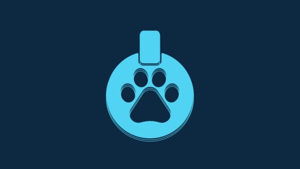 青色の背景にアイコンが隔離された名前の青い襟 家畜のための供給 犬や猫の足のプリント 猫と犬の世話 ペットチェーン 4Kビデオモーショングラフィックアニメーション — ストック動画