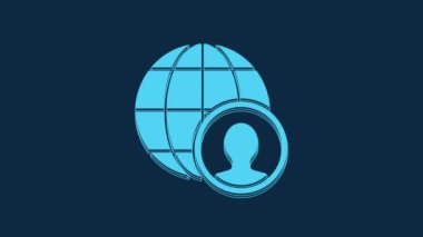 Blue Globe and people icon isolated on blue background. Global business symbol. Social network icon. 4K Video motion graphic animation.