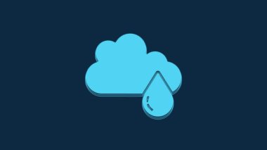 Blue Cloud with rain icon isolated on blue background. Rain cloud precipitation with rain drops. 4K Video motion graphic animation.