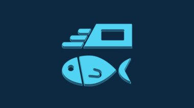 Mavi balık ve patates kızartması ikonu mavi arka planda izole edilmiş. 4K Video hareketli grafik canlandırması.