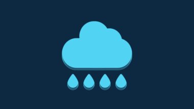 Blue Cloud with rain icon isolated on blue background. Rain cloud precipitation with rain drops. 4K Video motion graphic animation.