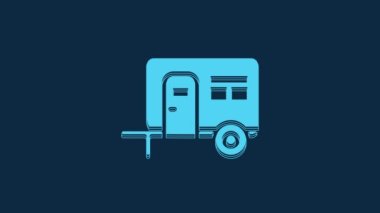 Blue Rv Camping trailer icon isolated on blue background. Travel mobile home, caravan, home camper for travel. 4K Video motion graphic animation.