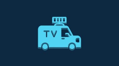 Blue TV News car with equipment on the roof icon isolated on blue background. 4K Video motion graphic animation.