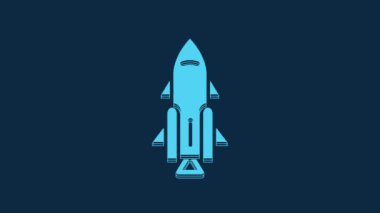 Blue Rocket ship with fire icon isolated on blue background. Space travel. 4K Video motion graphic animation.