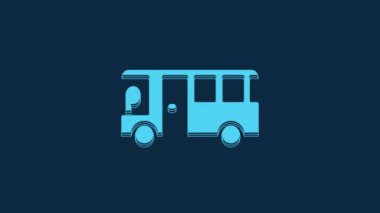 Blue Bus icon isolated on blue background. Transportation concept. Bus tour transport sign. Tourism or public vehicle symbol. 4K Video motion graphic animation.
