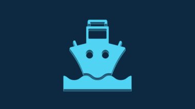 Blue Cargo ship icon isolated on blue background. 4K Video motion graphic animation.