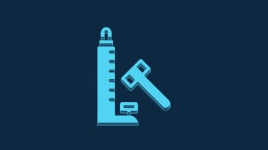 Blue High striker attraction with big hammer icon isolated on blue background. Attraction for measuring strength. Amusement park. 4K Video motion graphic animation.