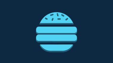Blue Burger icon isolated on blue background. Hamburger icon. Cheeseburger sandwich sign. Fast food menu. 4K Video motion graphic animation.