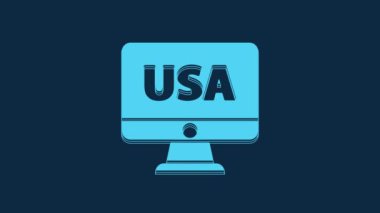 Mavi Amerika Birleşik Devletleri mavi arka planda izole edilmiş monitör ikonunda. 4K Video hareketli grafik canlandırması.