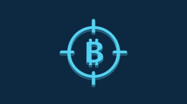 Hedef simgedeki mavi Bitcoin mavi arkaplanda izole edilmiş. Yatırım hedef simgesi. 4K Video hareketli grafik canlandırması.