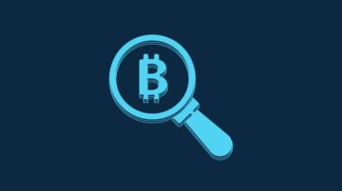 Blue Magnifying glass with Bitcoin icon isolated on blue background. Physical bit coin. Blockchain based secure crypto currency. 4K Video motion graphic animation.