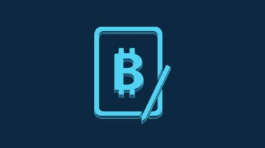 Mavi Madencilik bitcoin mavi arka planda izole edilmiş grafik tablet simgesinden. Kripto para birimi madenciliği, engelleme zinciri teknoloji servisi. 4K Video hareketli grafik canlandırması.