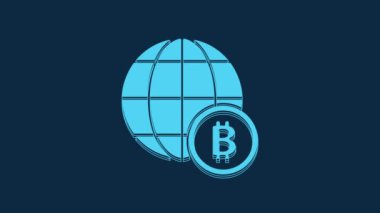 Blue Globe and cryptocurrency coin Bitcoin icon isolated on blue background. Physical bit coin. Blockchain based secure crypto currency. 4K Video motion graphic animation.