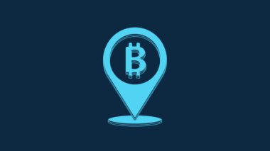 Mavi konum bitcoin simgesi mavi arkaplanda izole edildi. Madeni para. Engelleme zinciri tabanlı şifreli para birimi. 4K Video hareketli grafik canlandırması.