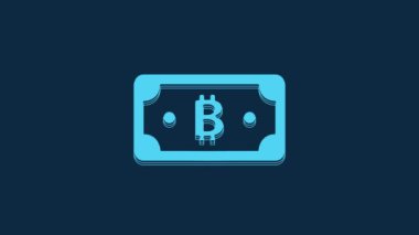 Mavi Kripto para birimi bitcoin simgesi mavi arka planda izole edildi. Engelleme teknolojisi, dijital para piyasası. 4K Video hareketli grafik canlandırması.