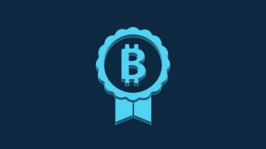 Blue Cryptocurrency coin Bitcoin icon isolated on blue background. Physical bit coin. Blockchain based secure crypto currency. 4K Video motion graphic animation.