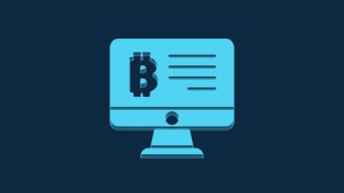 Mavi Madencilik bitcoin mavi arka planda izole edilmiş monitör simgesinden. Kripto para birimi madenciliği, engelleme zinciri teknoloji servisi. 4K Video hareketli grafik canlandırması.