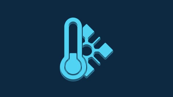 青い背景に隔離されたアイコンを測定する青い気象温度計 高温または低温を示す温度計機器 4Kビデオモーショングラフィックアニメーション — ストック動画