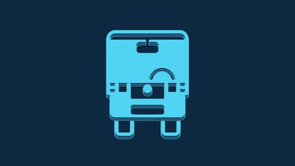 青のバスアイコンは青の背景に隔離されています 輸送コンセプト バスツアーの交通標識 観光や公共車両のシンボル 4Kビデオモーショングラフィックアニメーション — ストック動画