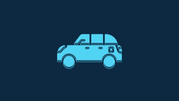青の背景に隔離された青のハッチバック車のアイコン 4Kビデオモーショングラフィックアニメーション — ストック動画