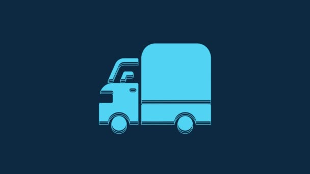 青色の背景に隔離されたブルーデリバリー貨物トラック車両アイコン 4Kビデオモーショングラフィックアニメーション — ストック動画