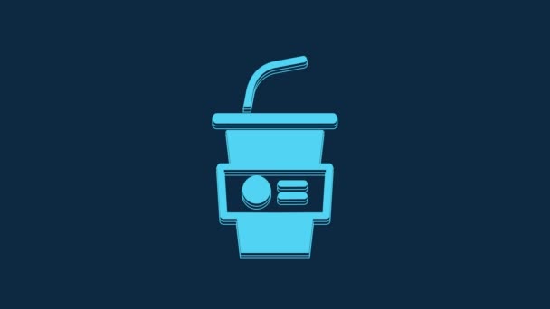 蓝纸玻璃杯 酒用吸管和水图标隔离在蓝色背景上 苏打水 新鲜冷饮的象征 4K视频运动图形动画 — 图库视频影像