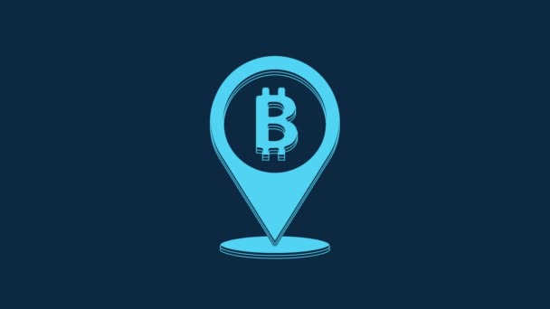 Niebieski Lokalizacja Ikona Bitcoin Izolowane Niebieskim Tle Fizyczna Moneta Zabezpieczona — Wideo stockowe
