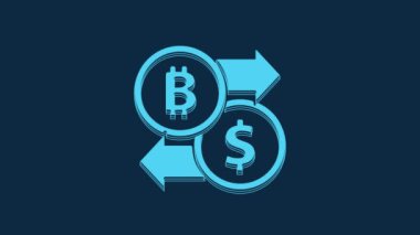 Blue Cryptocurrency exchange icon isolated on blue background. Bitcoin to dollar exchange icon. Cryptocurrency technology, mobile banking. 4K Video motion graphic animation.