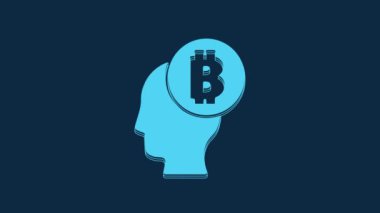 Blue Bitcoin think icon isolated on blue background. Cryptocurrency head. Blockchain technology, digital money market, cryptocoin wallet. 4K Video motion graphic animation.