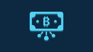 Blue Cryptocurrency bitcoin in circle with microchip circuit icon isolated on blue background. Blockchain technology, digital money market. 4K Video motion graphic animation.