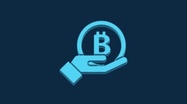 Blue Hand holding Bitcoin icon isolated on blue background. Blockchain technology, digital money market, cryptocoin wallet. 4K Video motion graphic animation.