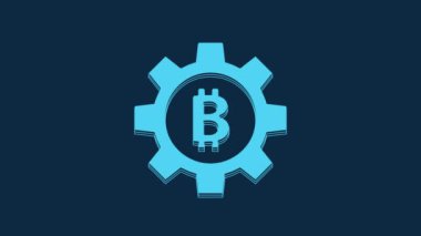 Blue Cryptocurrency coin Bitcoin icon isolated on blue background. Gear and Bitcoin setting. Blockchain based secure crypto currency. 4K Video motion graphic animation.
