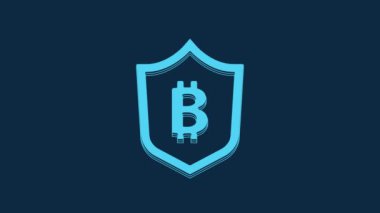 Blue Shield with bitcoin icon isolated on blue background. Cryptocurrency mining, blockchain technology, security, protect, digital money. 4K Video motion graphic animation.