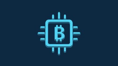 Blue CPU mining farm icon isolated on blue background. Bitcoin sign inside processor. Cryptocurrency mining community. Digital money. 4K Video motion graphic animation.