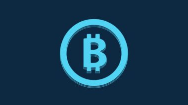 Blue Cryptocurrency coin Bitcoin icon isolated on blue background. Physical bit coin. Blockchain based secure crypto currency. 4K Video motion graphic animation.