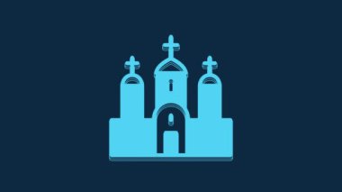 Blue Church building icon isolated on blue background. Christian Church. Religion of church. 4K Video motion graphic animation.