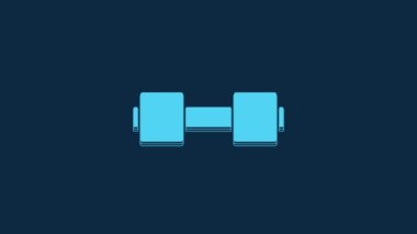 Blue Dumbbell icon isolated on blue background. Muscle lifting icon, fitness barbell, gym, sports equipment, exercise bumbbell. 4K Video motion graphic animation.