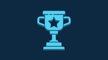 Blue Award cup icon isolated on blue background. Winner trophy symbol. Championship or competition trophy. Sports achievement sign. 4K Video motion graphic animation.